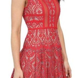 BCBGMaxAzria  Red Shira Burnout Lace Skater Dress